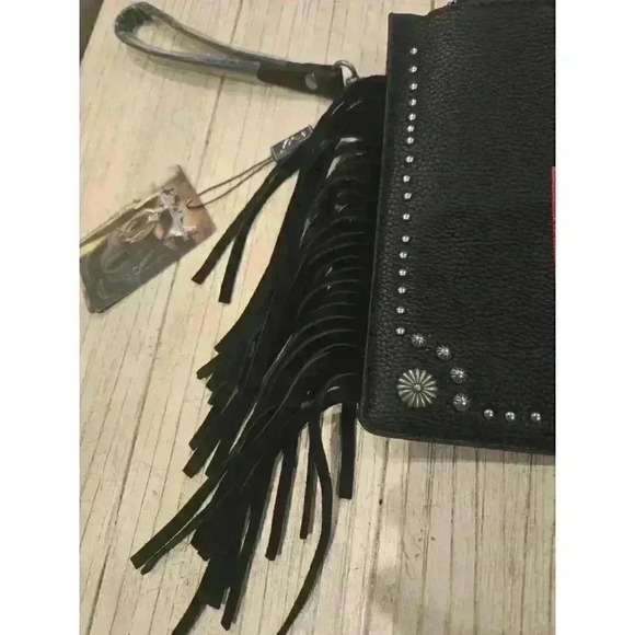 Montana West "Hot Mama" Black Leather Wristlet Bag Floral Fringe Studs - Picture 7 of 8